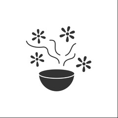 Sauna aroma bowl glyph icon. Steel aromatherapy oil cup on fire. Beauty procedures. Cosmetology. Spa concept. Filled flat sign. Isolated silhouette vector illustration