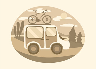 Travel minivan with bicycle on the top. Family summer travel concept. Country landscape around. Monochrome sepia composition.