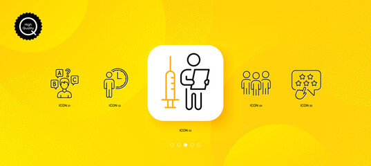 Fototapeta na wymiar Group, Ranking star and Vaccination announcement minimal line icons. Yellow abstract background. Waiting, Quiz test icons. For web, application, printing. Vector