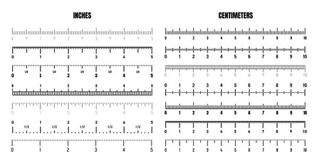 Realistic black centimeter and inch scale for measuring length or height. Various measurement scales with divisions. Ruler, tape measure marks, size indicators. Vector illustration