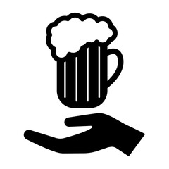 Hand and mug icon. Serving of glass mug of beer with frothy foam . Vector Illustration