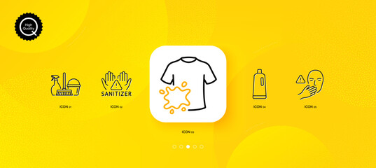 Fototapeta na wymiar Shampoo, Dont touch and Clean hands minimal line icons. Yellow abstract background. Dirty t-shirt, Household service icons. For web, application, printing. Vector