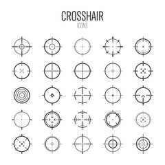 Crosshair, gun sight vector icons. Bullseye, black target or aim symbol. Military rifle scope, shooting mark sign. Targeting, aiming for a shot. Archery, hunting and sports shooting. Game UI element.