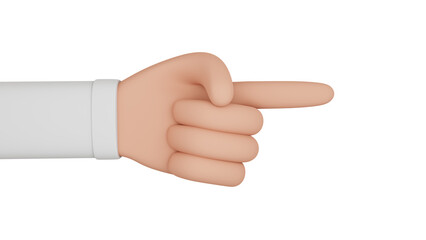 3d rendering of hand with index finger pointing right with transparent background.