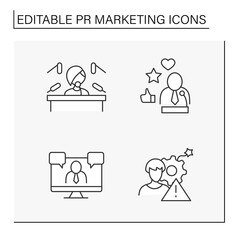 PR marketing line icons set. Spokesperson, press conference, video conference, crisis management. Communication. Social media concept. Isolated vector illustrations. Editable stroke