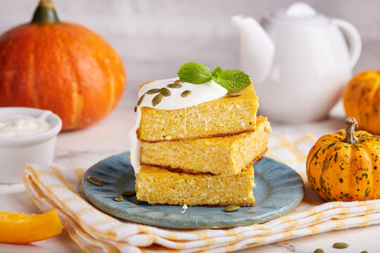 Pumpkin and cottage cheese casserole bars. Delicious homemade autumn dish.