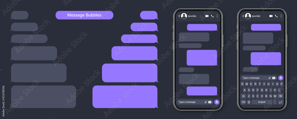 Wall mural realistic smartphone with messaging app. blank sms text frame. conversation chat screen with violet 
