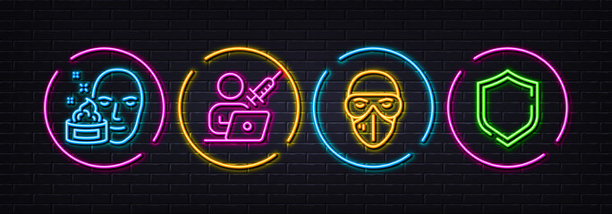 Medical mask, Vaccination appointment and Face cream minimal line icons. Neon laser 3d lights. Shield icons. For web, application, printing. Protection glasses, Online schedule, Gel. Vector