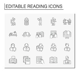 Reading line icons set. Process of acquiring skills and knowledge. Lesson at library. Reading concept. Isolated vector illustrations. Editable stroke
