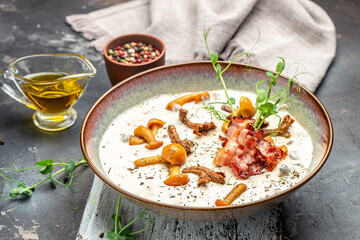 delicious homemade cream of mushroom soup, wild mushroom soup, Food recipe background. Close up,...
