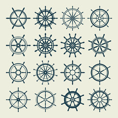 Collection of vintage steering wheels. Ship, yacht retro wheel symbol. Nautical rudder icon. Marine design element. Vector illustration