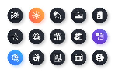 Minimal set of Confirmed mail, Handout and Checked calculation flat icons for web development. Survey check, Clipboard, Chemistry lab icons. Calendar, Currency rate, Globe web elements. Vector