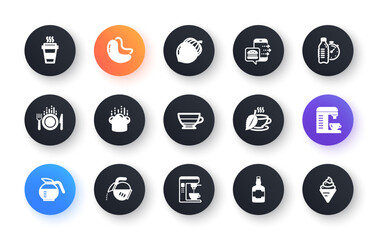Minimal set of Coffee maker, Mint tea and Takeaway flat icons for web development. Whiskey bottle, Cooking hat, Cashew nut icons. Coffeepot, Food order, Fitness water web elements. Vector