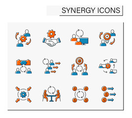 Synergy color icons set. Interaction or cooperation of organizations. Ideas generated. Coworking concept. Isolated vector illustrations