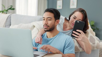Asian couple, phone and laptop for finance planning, house budget and home loan investment in living room. Love bond, man and woman on communication technology for future financial growth accounting