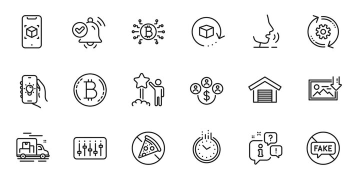 Outline set of Download photo, Parking garage and Cogwheel line icons for web application. Talk, information, delivery truck outline icon. Vector