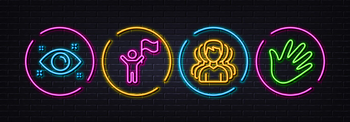 Health eye, Group and Leadership minimal line icons. Neon laser 3d lights. Hand icons. For web, application, printing. Optometry, Headhunting service, Winner flag. Swipe. Neon lights buttons. Vector