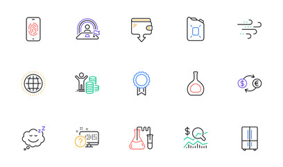 Sleep, Fingerprint and Cognac bottle line icons for website, printing. Collection of Chemistry lab, Check investment, Windy weather icons. Reward, Refrigerator, Wallet web elements. Vector