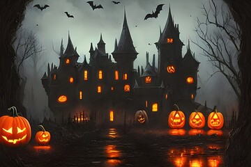 Halloween castle with pumpkins and bats. Haunted halloween house at moon smoke night landscape 3D