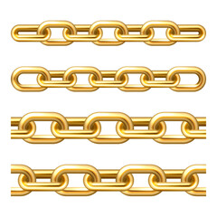 Realistic gold plated metal chain with golden links isolated on white background. Vector illustration.