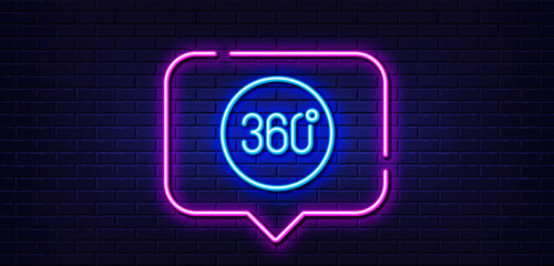 Neon light speech bubble. 360 degrees line icon. Panoramic view sign. VR technology simulation symbol. Neon light background. 360 degrees glow line. Brick wall banner. Vector