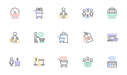 Buyer customer line icons set. Contactless payment card, shopping cart and group of people. Store, buyer loyalty card, client ranking set icons. Shopping timer, online payment, currency. Vector