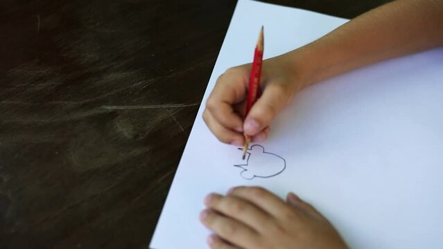 A boy draws a cow with a pencil. Hand close-up. Drawing creation process.