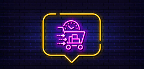 Neon light speech bubble. Food delivery line icon. Order cart sign. Catering service symbol. Neon light background. Food delivery glow line. Brick wall banner. Vector