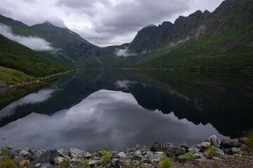 Fototapeta na wymiar Wonderful landscapes in Norway. Senja, Nordland. Beautiful scenery of a valley with lupine flowers on the rocks. Mirror in the lake. Cloudy summer day. Fog and mountains in background. Selective focus