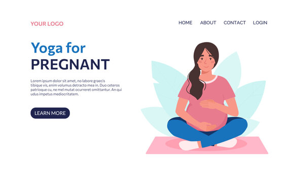 Vector banner in flat style A pregnant woman practices yoga. The girl sits in an asana, meditates. Active pregnancy. Siddhasana, virasana on the mat. Isolated background.