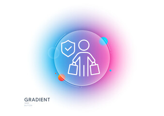 Buyer insurance hand line icon. Gradient blur button with glassmorphism. Risk coverage sign. Shopping protection symbol. Transparent glass design. Buyer insurance line icon. Vector
