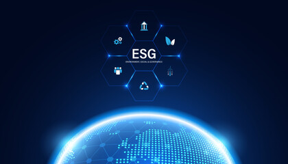 Abstract ESG Digital World High-Tech with Icon Concept Sustainable Development from Environment, Social, and Governance on a modern blue background.