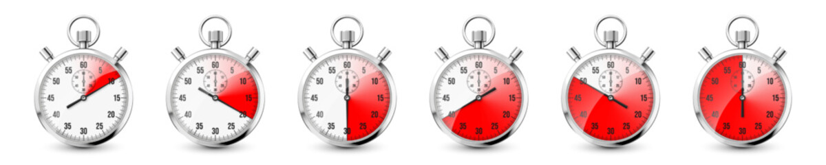 Realistic classic stopwatch icons. Shiny metal chronometer, time counter with dial. Red countdown timer showing minutes and seconds. Time measurement for sport, start and finish. Vector illustration