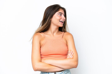 Young caucasian woman isolated on white background happy and smiling