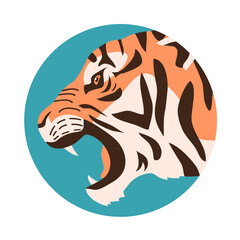 Angry tiger growls and bares its teeth. Bengal or Amur tiger. Head portarit. Big wild cat. Strong animal predator. Striped orange skin. Fauna and zoo. Flat vector illustration round