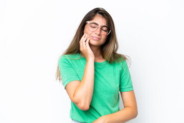 Young caucasian woman isolated on white background with toothache