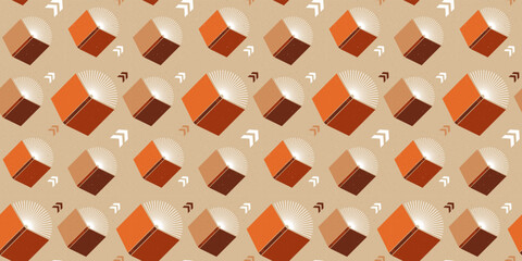 Pattern with open books flying with arrows. Background with textures. Seamless pattern with red and brown books for a library, school, education theme. 