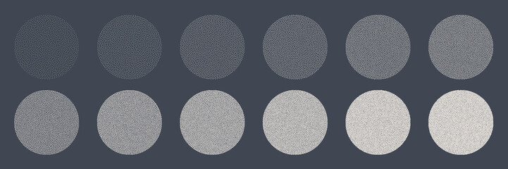 Round shaped dotted objects, stipple elements. Fading gradient. Stippling, dotwork drawing, shading using dots. Pixel disintegration, halftone effect. White noise grainy texture. Vector illustration