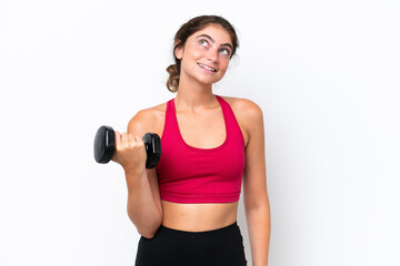 Young sport caucasian woman making weightlifting isolated on white background thinking an idea while looking up