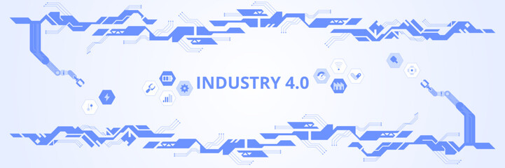 Hi-tech digital technology and engineering theme Industry 4.0 intelligence technology with robotic arm. Smart industrial revolution in factory process, Isolated flat vector illustration background