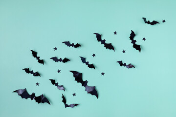 Halloween background with silhouettes of bats. Flat lay, top view