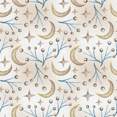Seamless watercolor creative pattern with crescent moon and bronze stars on a light background. For a versatile decor