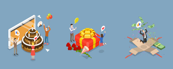 Naklejka premium 3D Isometric Flat Vector Conceptual Illustration of Celebrating Set, Happy and Cheerful People