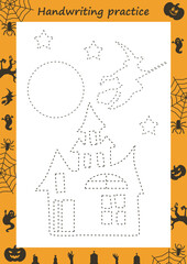 Educational worksheet for kids. Handwriting practice. Spider and his web. Trace the lines. Printable for halloween.