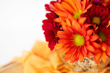 Bouquet of orange, purple, and red chrysanthemums in gold vase