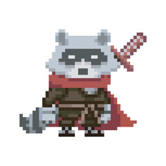 Fototapeta premium Ninja raccoon, pixel art illustration