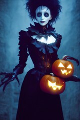 Halloween Portrait of a dark witch holding a pumpkin Jack o Lantern in hand. The autumn darkness background. Spooky halloween costume of a witch. 3D illustration concept. 
