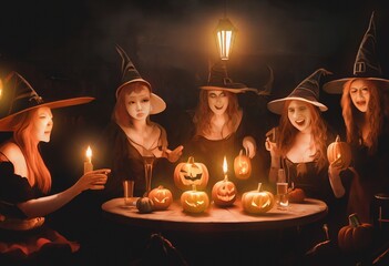 Artistic painting concept of Happy Witches meeting by candlelight, celebrate their Halloween gathering together. Room filled with pumpkins. background for spooky Halloween scene.  Concept illustration - obrazy, fototapety, plakaty