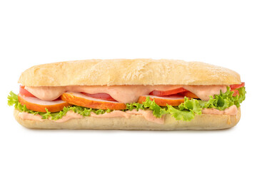 Big Ciabatta Sandwich with Bacon, Lettuce, Tomato and Sauces isolated on white background