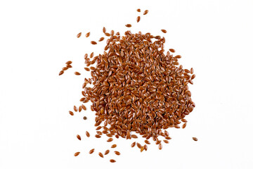 Flax seeds isolated on white background. View from above. Place for text